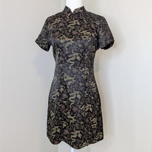 Vintage 90s y2k satin dragon print Asian inspired mandarin collar mini dress